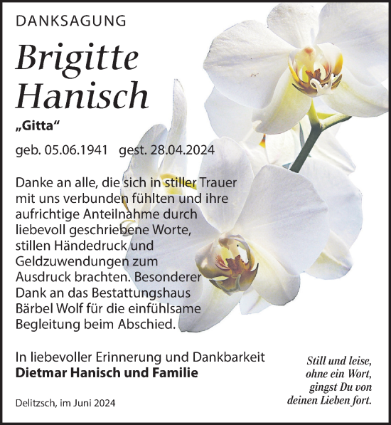 Traueranzeige von Brigitte Hanisch von Leipziger Volkszeitung