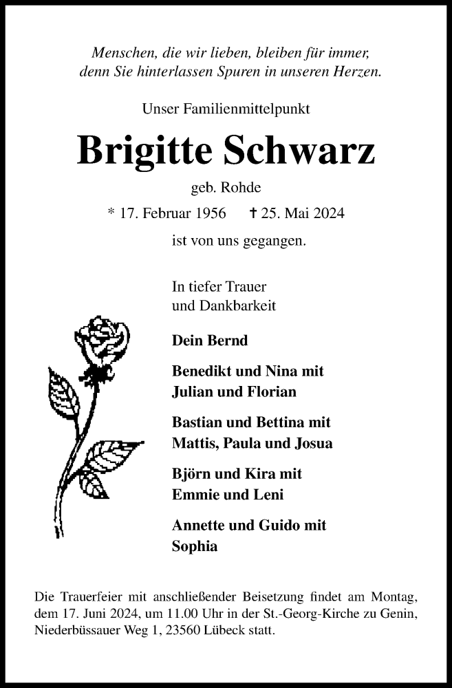  Traueranzeige für Brigitte Schwarz vom 09.06.2024 aus Lübecker Nachrichten