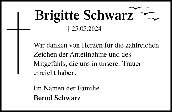 Traueranzeige von Brigitte Schwarz von Lübecker Nachrichten