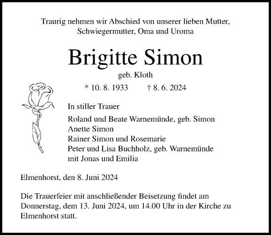 Traueranzeige von Brigitte Simon von Ostsee-Zeitung GmbH