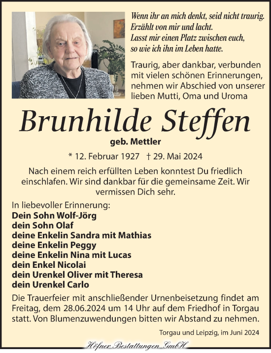 Traueranzeige von Brunhilde Steffen von Torgauer Zeitung