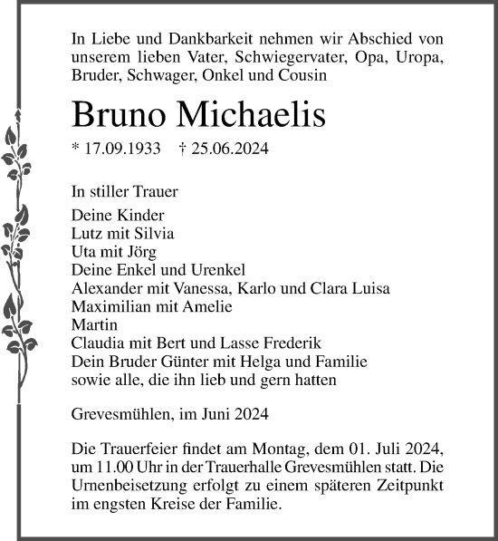 Traueranzeige von Bruno Michaelis von Ostsee-Zeitung GmbH