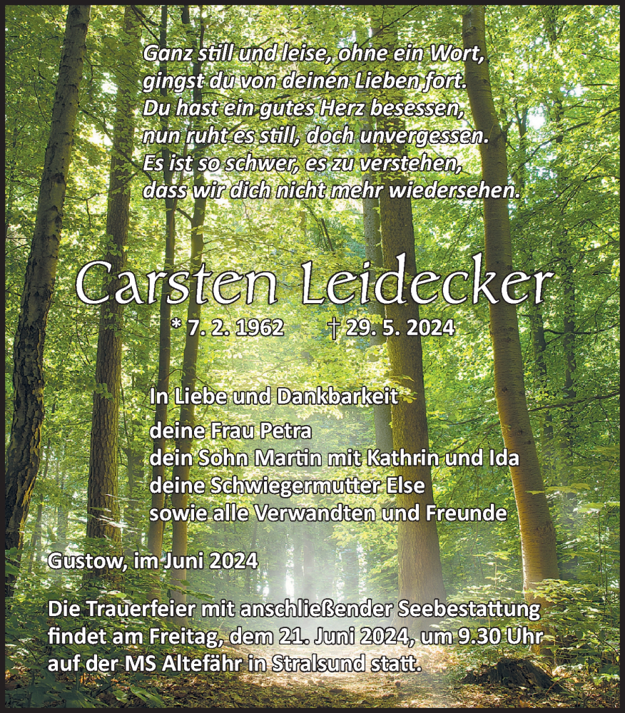  Traueranzeige für Carsten Leidecker vom 08.06.2024 aus Ostsee-Zeitung GmbH