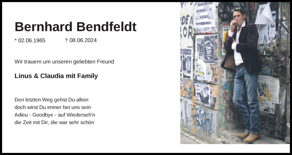  Traueranzeige für Bernhard Bendfeldt vom 20.06.2024 aus Lübecker Nachrichten