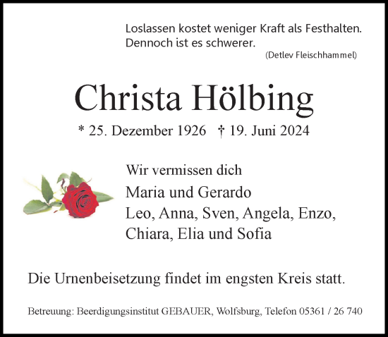Traueranzeige von Christa Hölbing von Aller Zeitung
