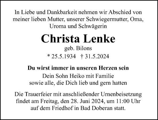 Traueranzeige von Christa Lenke von Ostsee-Zeitung GmbH