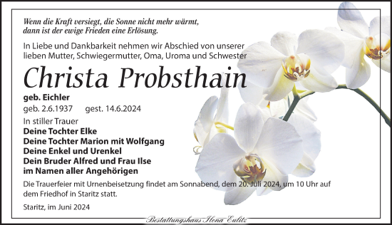 Traueranzeige von Christa Probsthain von Torgauer Zeitung