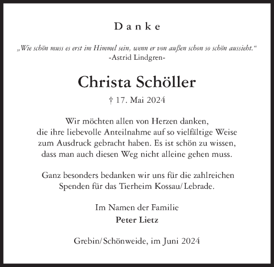 Traueranzeige von Christa Schöller von Kieler Nachrichten