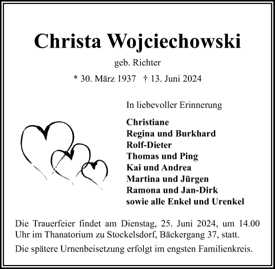 Traueranzeige von Christa Wojciechowski von Lübecker Nachrichten