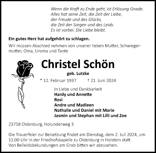 Traueranzeige von Christel Schön von Lübecker Nachrichten
