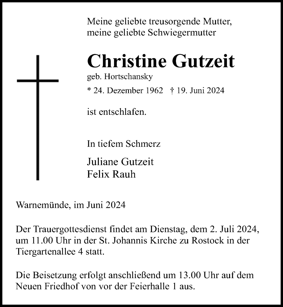  Traueranzeige für Christine Gutzeit vom 29.06.2024 aus Ostsee-Zeitung GmbH
