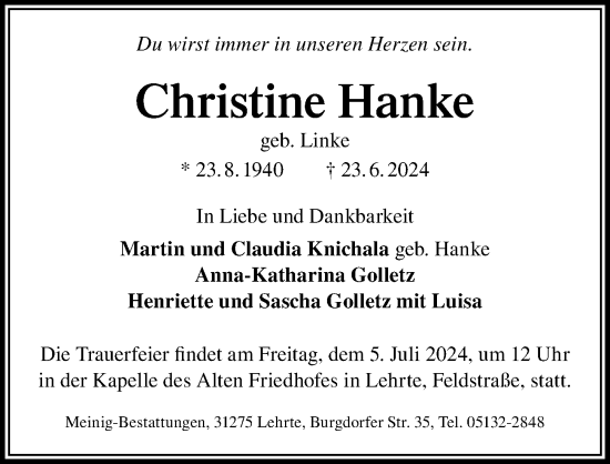 Traueranzeige von Christine Hanke von Hannoversche Allgemeine Zeitung/Neue Presse