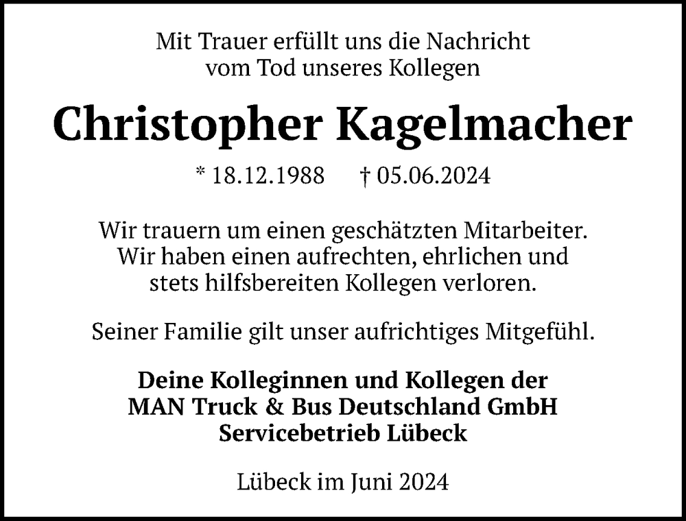  Traueranzeige für Christopher Kagelmacher vom 18.06.2024 aus Ostsee-Zeitung GmbH