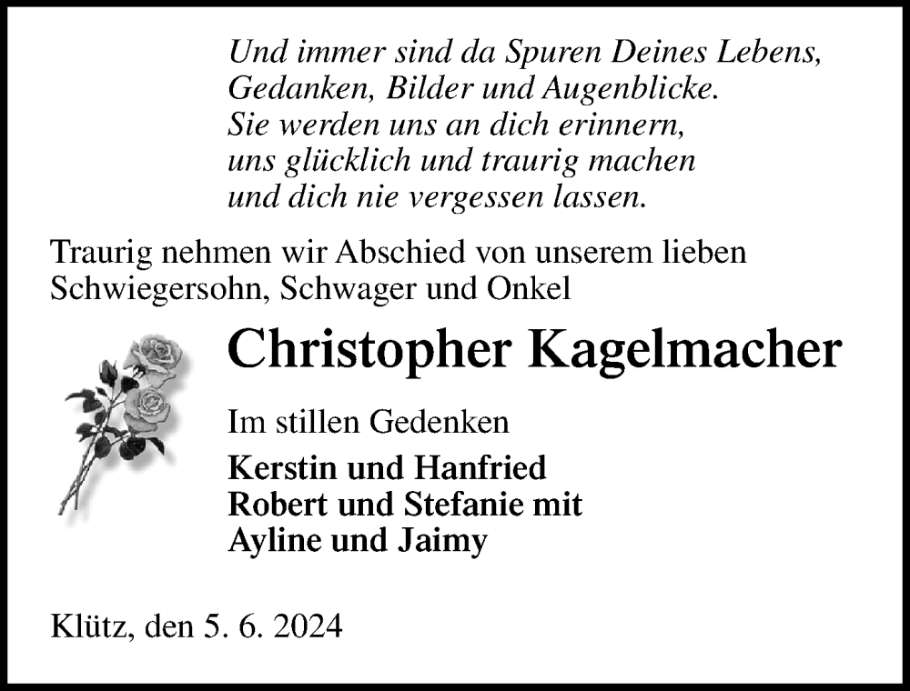  Traueranzeige für Christopher Kagelmacher vom 12.06.2024 aus Ostsee-Zeitung GmbH