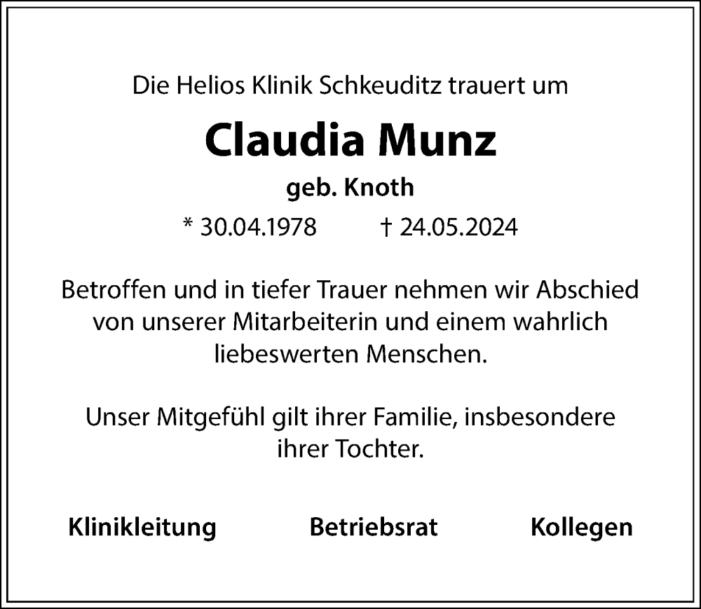  Traueranzeige für Claudia Munz vom 08.06.2024 aus Leipziger Volkszeitung
