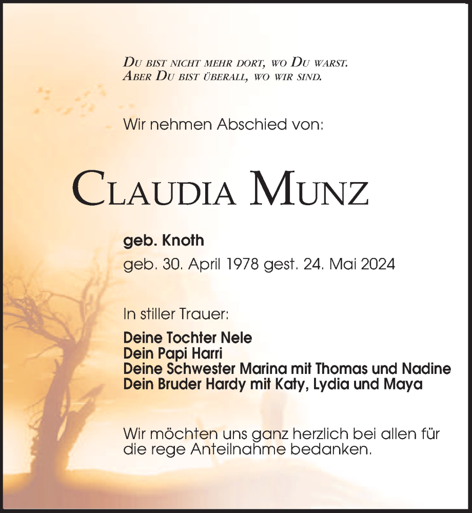  Traueranzeige für Claudia Munz vom 15.06.2024 aus Leipziger Volkszeitung