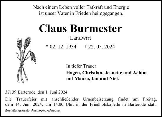 Traueranzeige von Claus Burmester von Göttinger Tageblatt