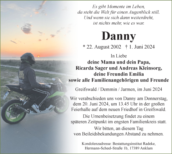 Traueranzeige von Danny  von Ostsee-Zeitung GmbH