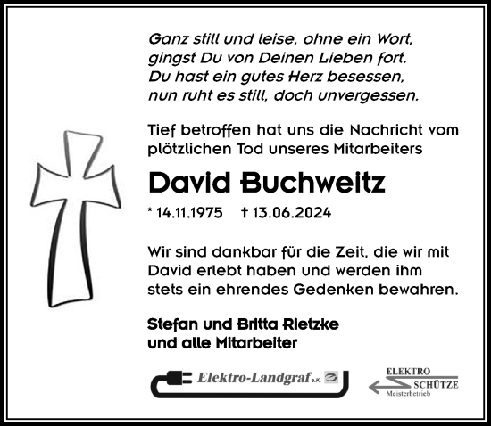 Traueranzeige von David Buchweitz von Lübecker Nachrichten