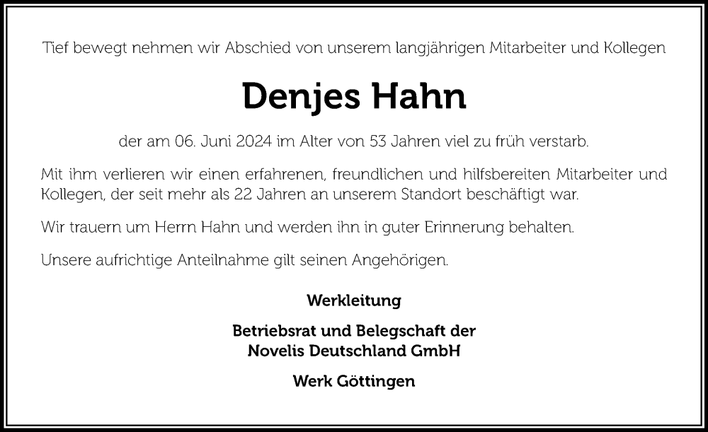  Traueranzeige für Denjes Hahn vom 15.06.2024 aus Göttinger Tageblatt