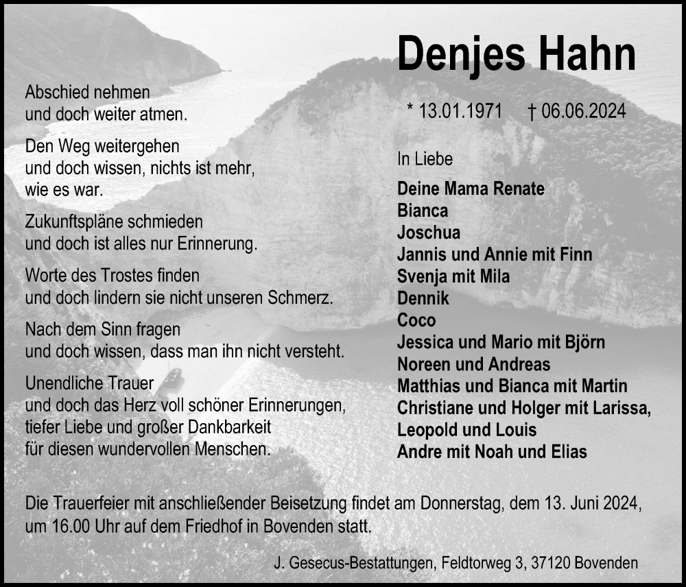  Traueranzeige für Denjes Hahn vom 12.06.2024 aus Göttinger Tageblatt