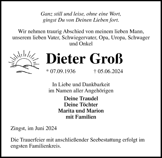 Traueranzeige von Dieter Groß von Ostsee-Zeitung GmbH