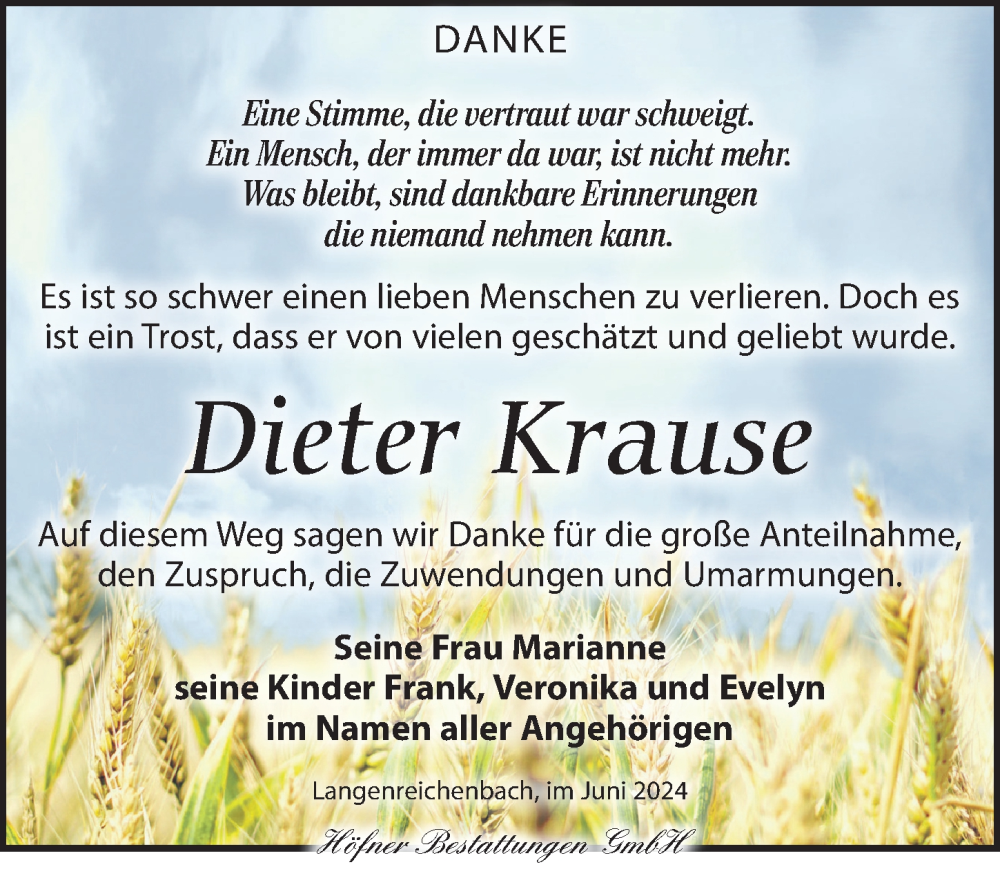  Traueranzeige für Dieter Krause vom 08.06.2024 aus Torgauer Zeitung