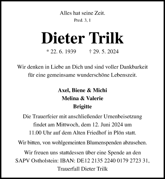 Traueranzeige von Dieter Trilk von Kieler Nachrichten