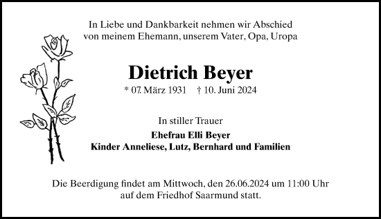 Traueranzeige von Dietrich Beyer von Märkischen Allgemeine Zeitung