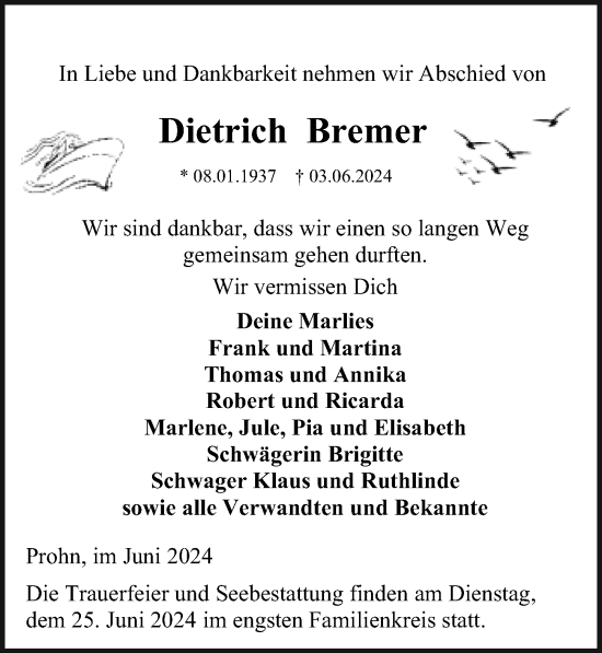 Traueranzeige von Dietrich Bremer von Ostsee-Zeitung GmbH