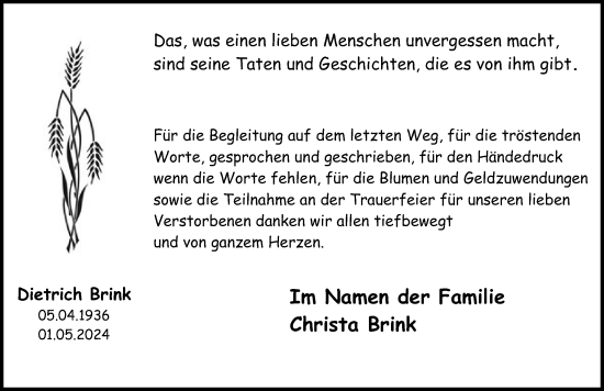 Traueranzeige von Dietrich Brink von Ostsee-Zeitung GmbH