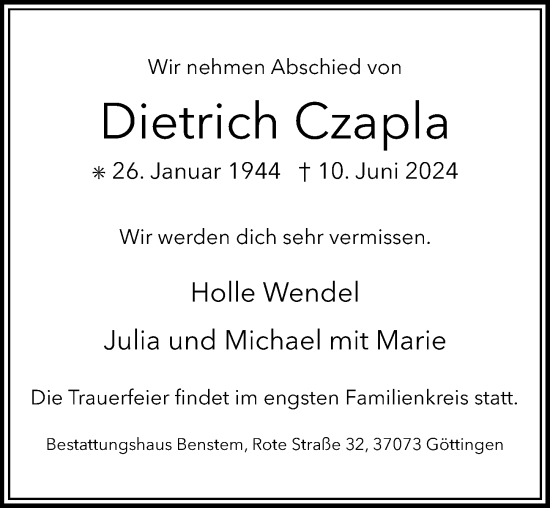 Traueranzeige von Dietrich Czapla von Göttinger Tageblatt