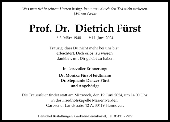 Traueranzeige von Dietrich Fürst von Hannoversche Allgemeine Zeitung/Neue Presse