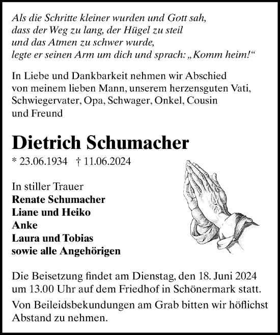 Traueranzeige von Dietrich Schumacher von Wochenspiegel