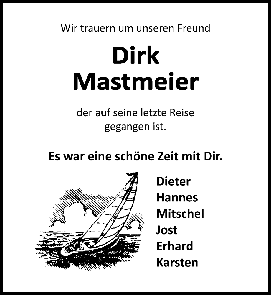  Traueranzeige für Dirk Mastmeier vom 08.06.2024 aus Ostsee-Zeitung GmbH