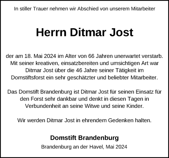 Traueranzeige von Ditmar Jost von Märkischen Allgemeine Zeitung