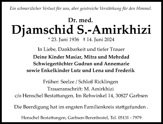 Traueranzeige von Djamschid S.-Amirkhizi von Hannoversche Allgemeine Zeitung/Neue Presse