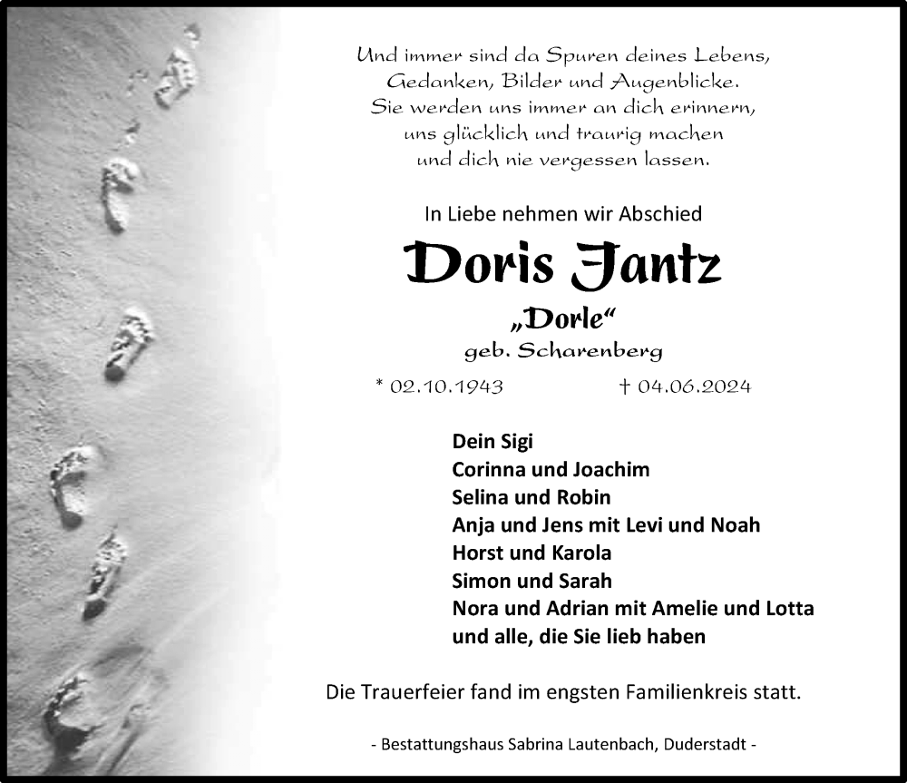  Traueranzeige für Doris Jantz vom 15.06.2024 aus Eichsfelder Tageblatt