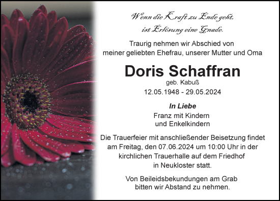 Traueranzeige von Doris Schaffran von Ostsee-Zeitung GmbH