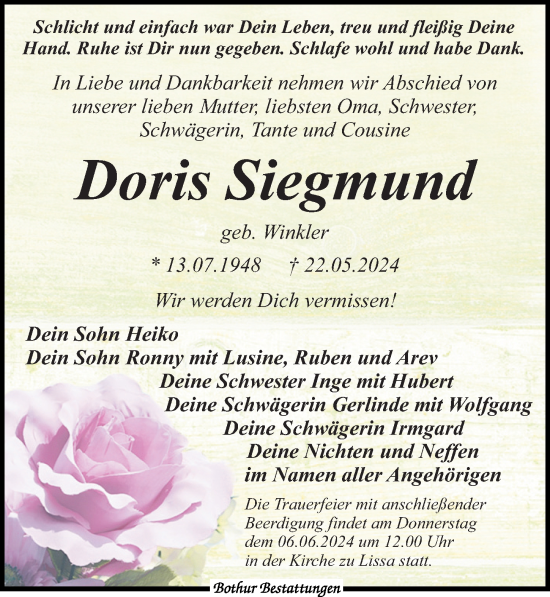 Traueranzeige von Doris Siegmund von Leipziger Volkszeitung