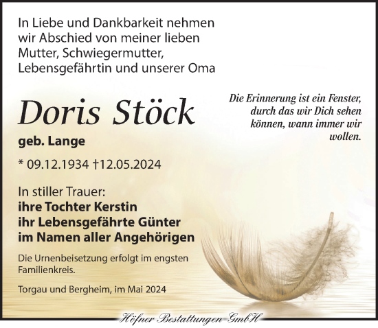 Traueranzeige von Doris Stöck von Torgauer Zeitung