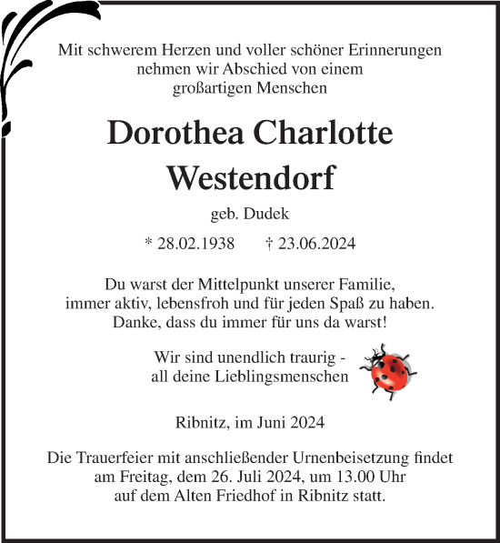 Traueranzeige von Dorothea Charlotte Westendorf von Ostsee-Zeitung GmbH