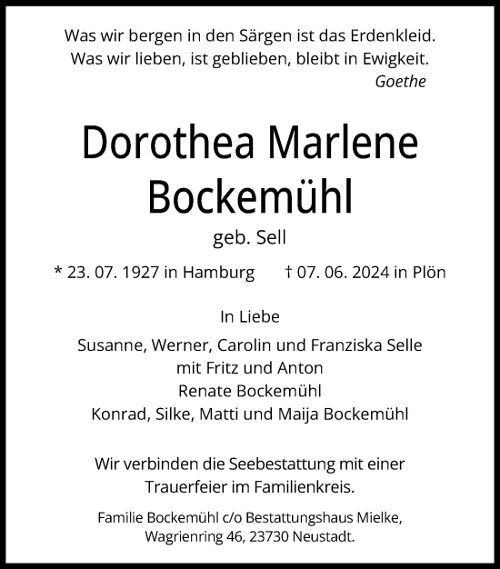 Traueranzeige von Dorothea Marlene Bockemühl von Kieler Nachrichten