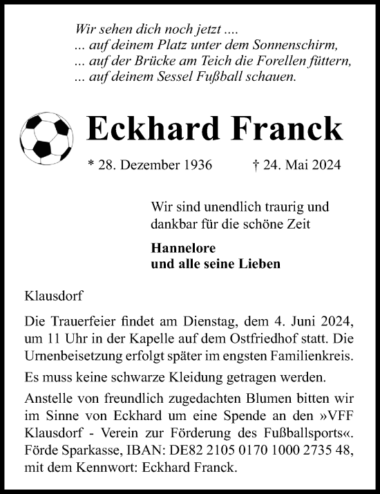 Traueranzeige von Eckhard Franck von Kieler Nachrichten