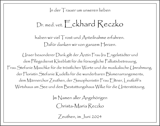 Traueranzeige von Eckhard Reczko von Märkischen Allgemeine Zeitung