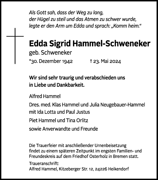 Traueranzeige von Edda Sigrid Hammel-Schweneker von Kieler Nachrichten