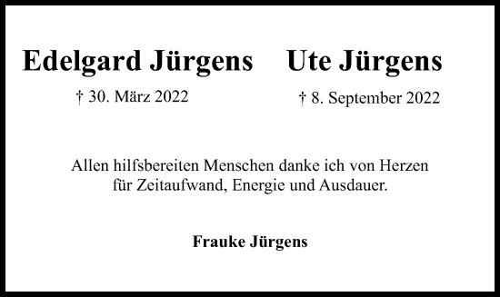 Traueranzeige von Edelgard Jürgens von Kieler Nachrichten
