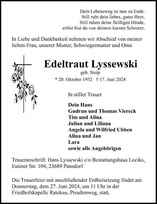 Traueranzeige von Edeltraut Lyssewski von Lübecker Nachrichten