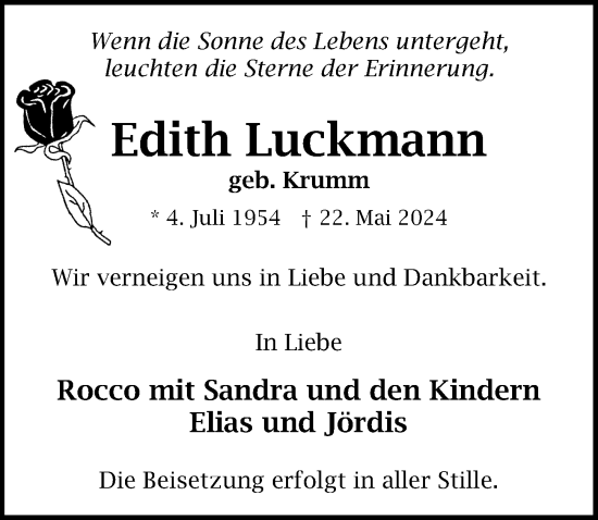 Traueranzeige von Edith Luckmann von Ostsee-Zeitung GmbH