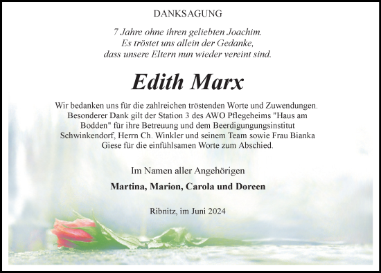 Traueranzeige von Edith Marx von Ostsee-Zeitung GmbH